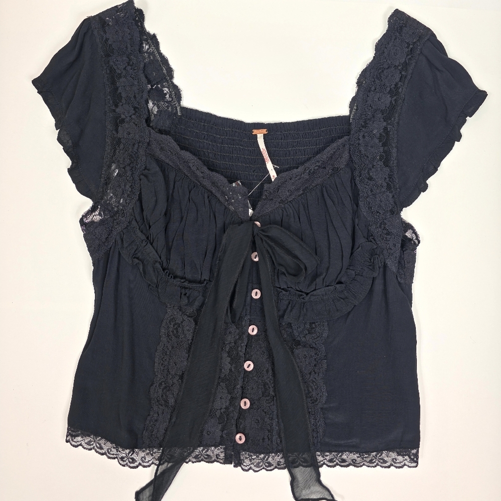 Free People Arlo Lace Blouse Top Black Milkmaid Short Sleeve NWT Size M